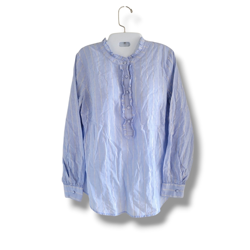 Talbots | Light Blue/Silver Stripe Ruffle Trim Long Sleeve Dress Shirt (SIZE S)